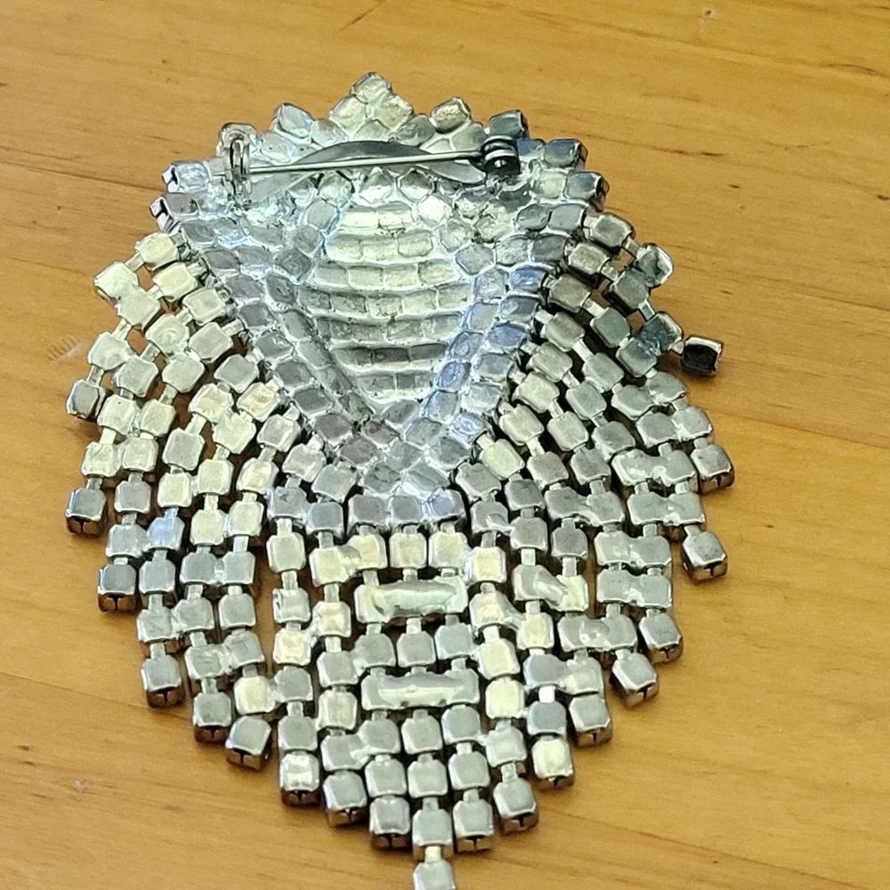 Vintage Art Deco Clear Rhinestone Waterfall Fringe Shield Brooch Pin